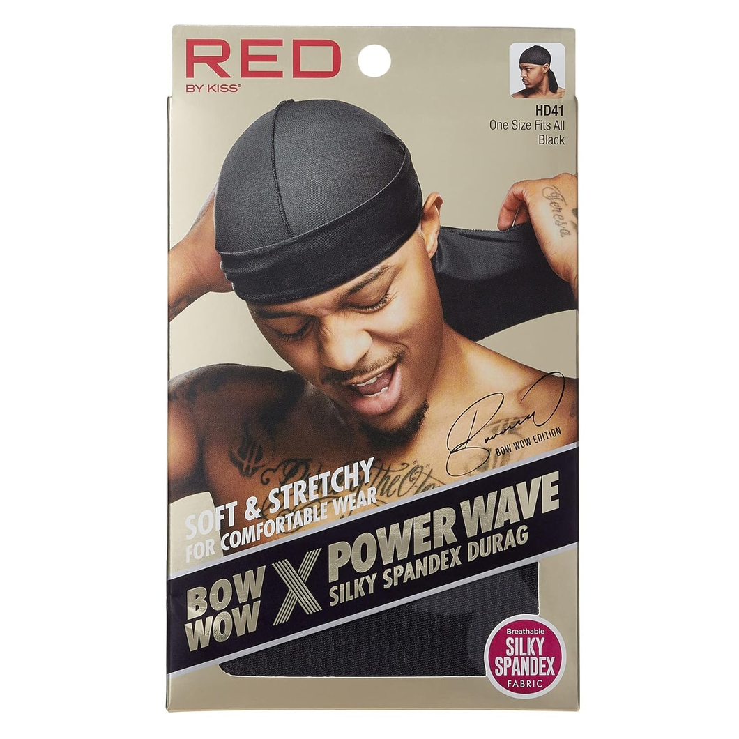 Kiss Red Durag Bow Wow Power Wave Silky Spandex Black