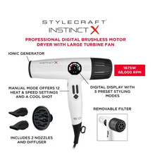 Load image into Gallery viewer, StyleCraft Instinct-X Professional Hair Dryer Brushless Motor with Digital Display, 2 Nozzles and 1 Diffuser