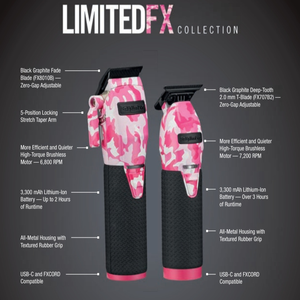 BabylissPro LIMITED FX COLLECTION LIMITED EDITION PINK CAMO METAL LITHIUM CLIPPER AND TRIMMER