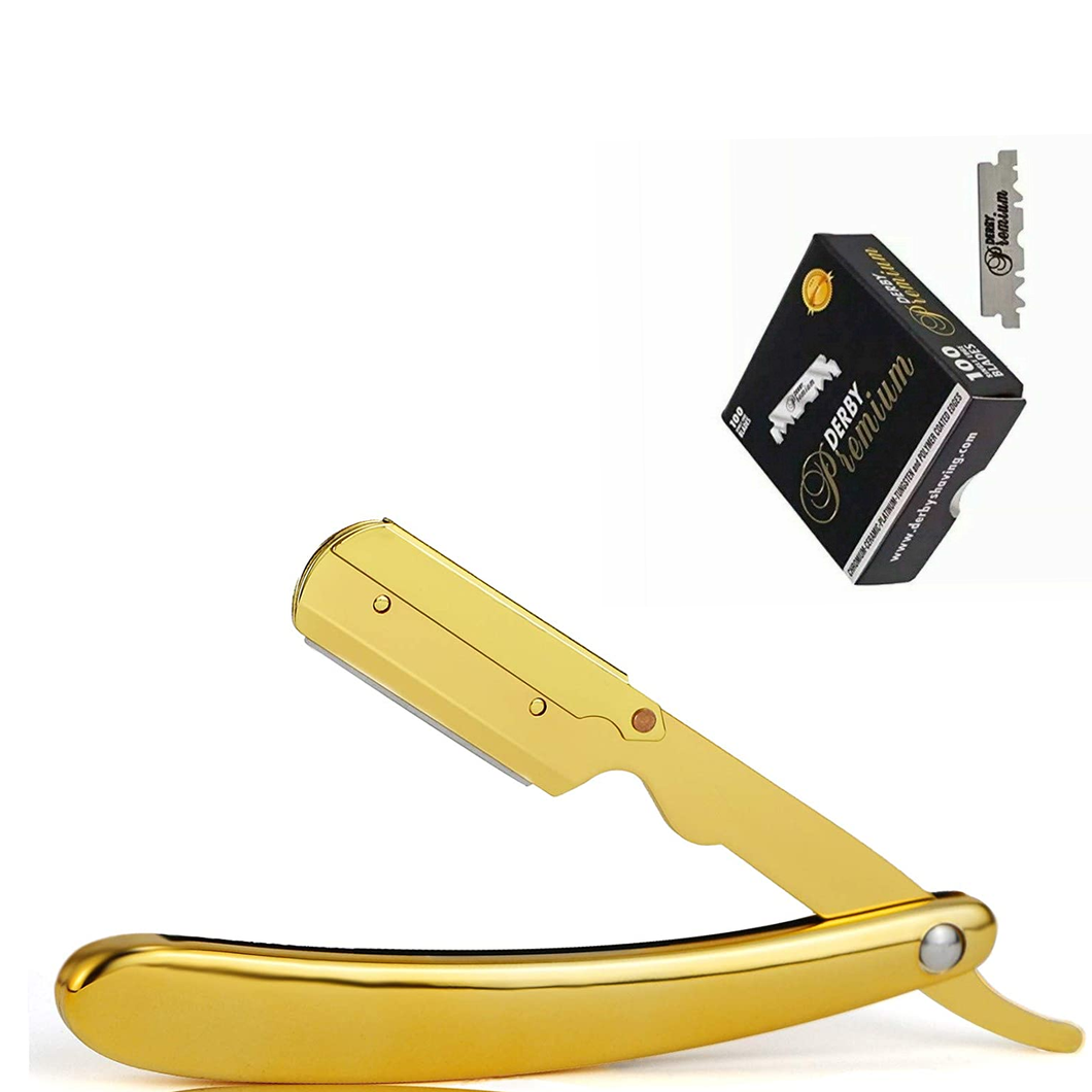 thumbnail image 2 of Zeepk Gold Plated Wet Cut Throat Barber Straight Razor Shavette + 100 Derby Blades | Stainless Steel USA Made 2 of 4